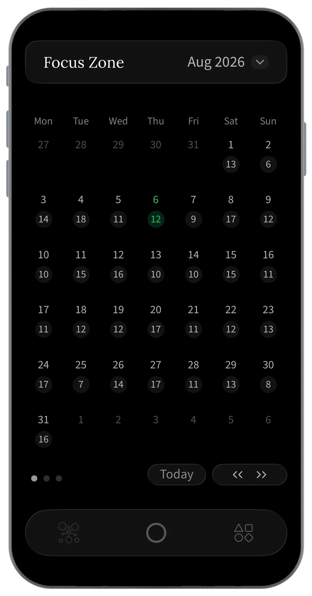 Month calendar with a daily score on each completed day